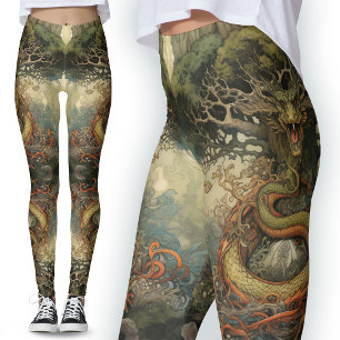 Grönt och Orange Kinesiska Träd Dragon TattoArt Leggings
