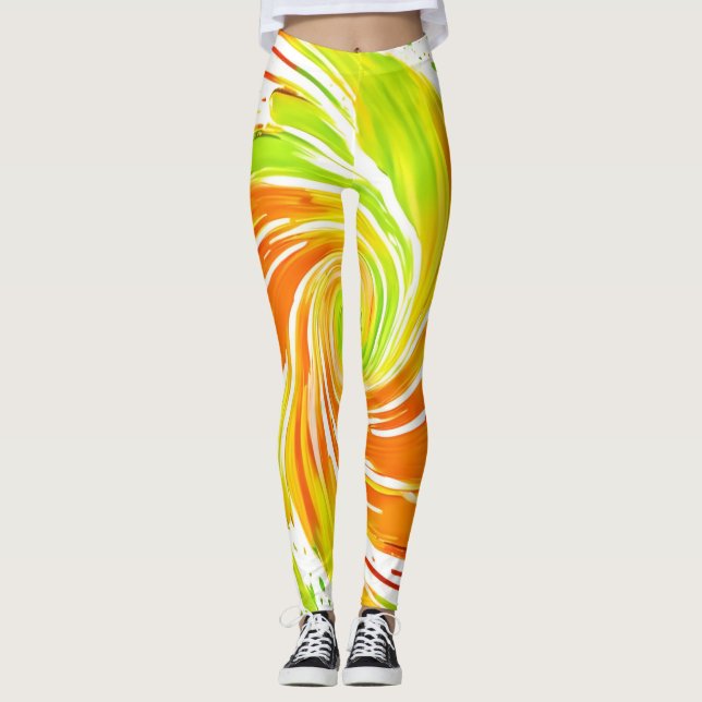 Grönt och Orange Spiral design Leggings (Framsida)