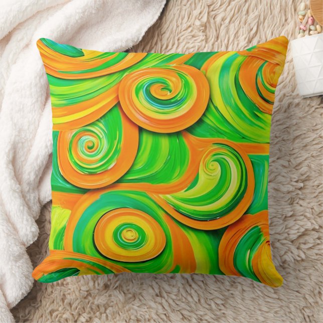 Grönt och Orange Spiral Kudde (Filt)