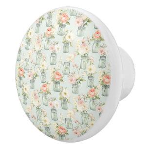 Grönt och Peach Mason Burk Blommigt Ceramic Drag Knopp