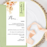 Grönt och persika  Personlig med gästNamn Meny<br><div class="desc">Varför lägga ut på platskort och menykort när du kan ha en personlig för allt-i-ett-elegantens elegant med varje gäst namn! Contemporary-, enkel- och elegant-design med mycket detaljerad vattenfärgsdetaljrikedom i en vacker blandning av persikor, orange, , dammiga ro, kräm- och champagnenyanser. Modern skrift calligraphy inslag. Rand i det övre hörnet av...</div>