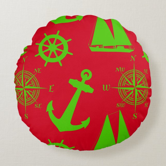 Grönt och Red Coastal Nautical Jul Helgdag Rund Kudde (Framsidan)