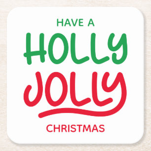Grönt och Red Holly Jolly Typography Underlägg Papper Kvadrat
