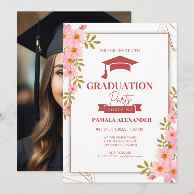 Grönt och röd Blommigt Vattenfärg Studenten Inbjud Inbjudningar (Fram/baksida)