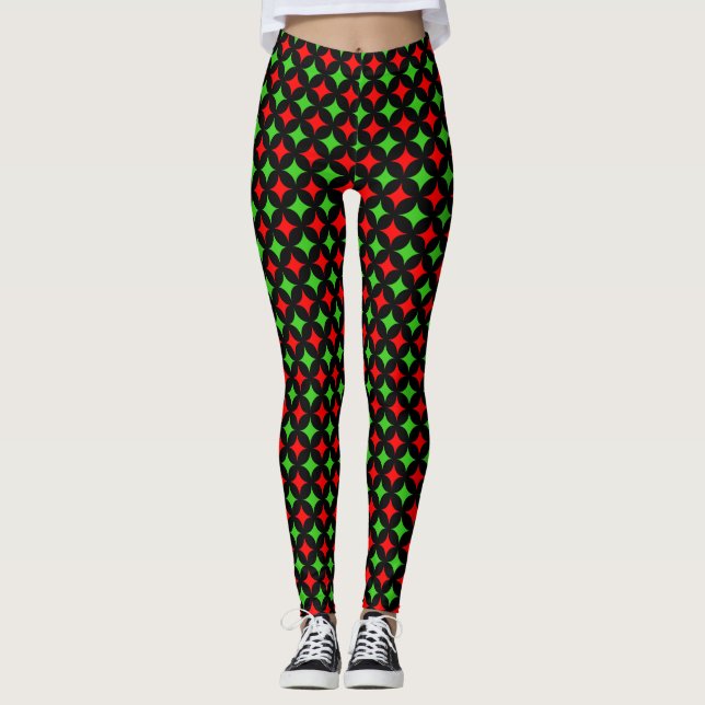 Grönt och röd diamantstjärna mönster på svart leggings (Framsida)