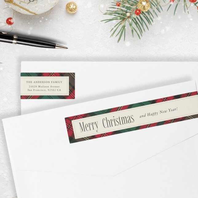 Grönt och röd Elegant Play-jul Adress Etikettband (Green and Red Elegant Plaid Christmas Address Wrap Around Label)