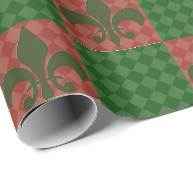 Grönt och Röd Fleur De Lis Wrapping papper Presentpapper (Rullad Hörn)