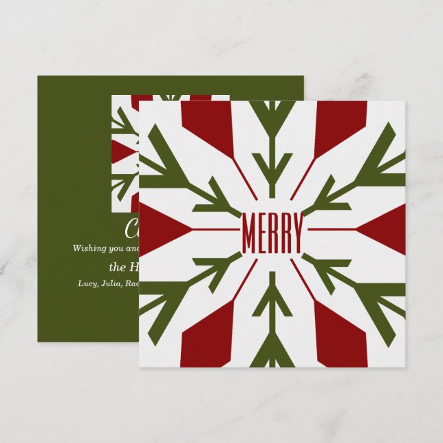 Grönt och röd snöflake med MERRY Text Julkort (Fram/baksida)