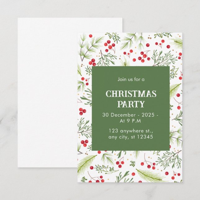 Grönt och Röda Blommigten Gräs och God jul Inbjudningar (Fram/baksida)