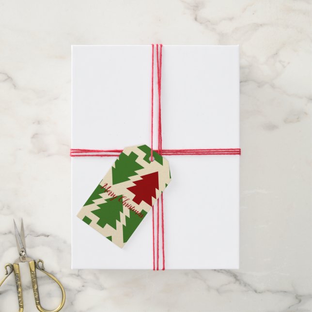 Grönt och Röda Julgran Presentetikett (Med Snöre)