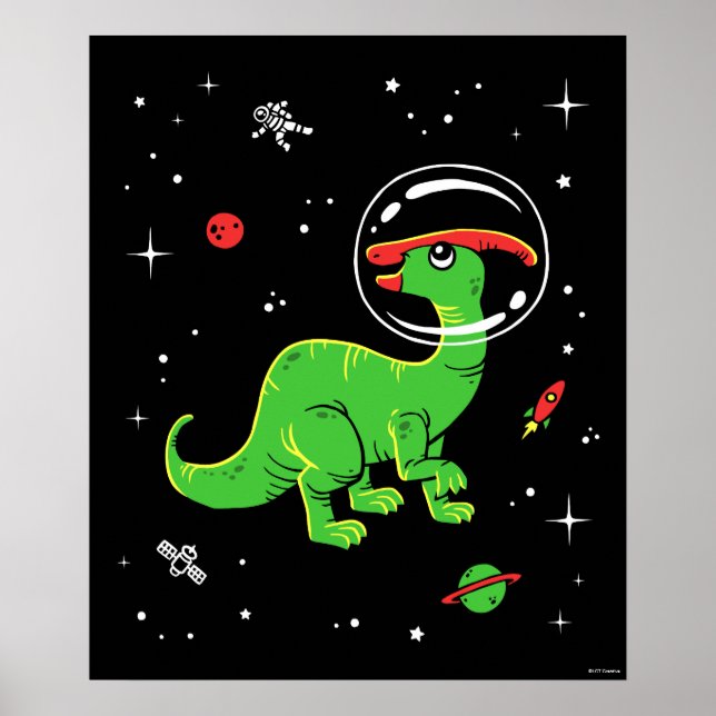 Grönt och rödparasaurolophus-dininos i rymden poster (Framsidan)