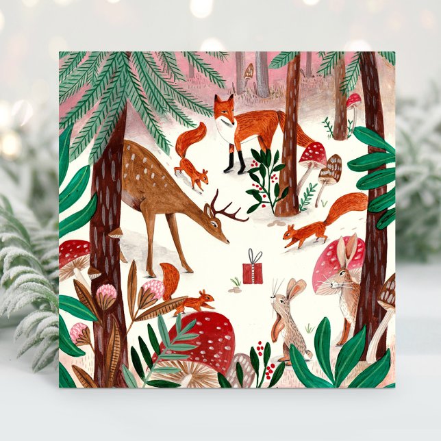 Grönt och rosa av skogar för dagligt skogsbruk Sko Julkort (Cute Woodland green & pink woodland animals Forest Holiday Card)