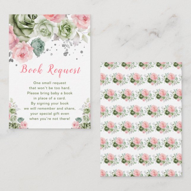 Grönt och Rosa Blommigt Baby Shower Bok Request Tilläggskort (Fram/baksida)