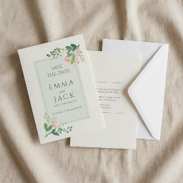 Grönt och rosa blommigt i mjuka bröllop spara datu datumet