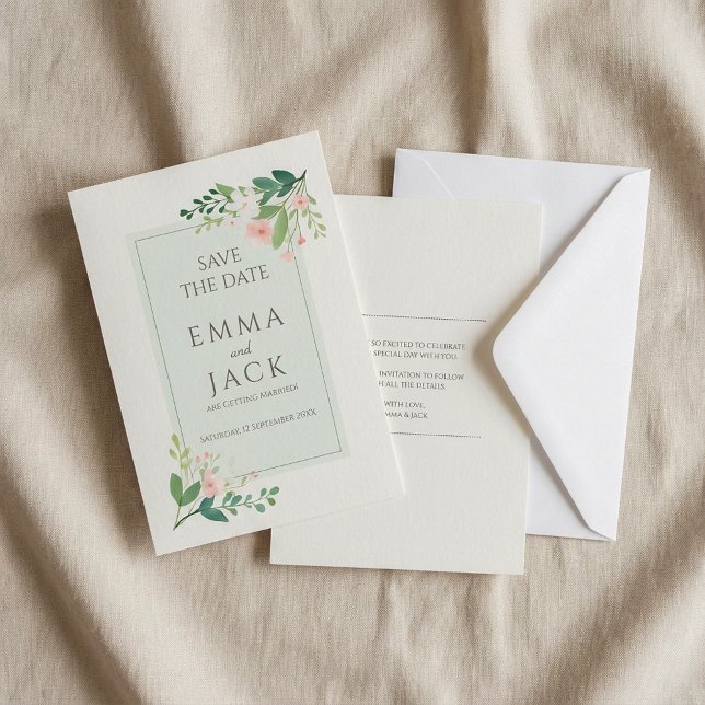 Grönt och rosa blommigt i mjuka bröllop spara datu spara datumet (Green and pink floral soft wedding save the date.)