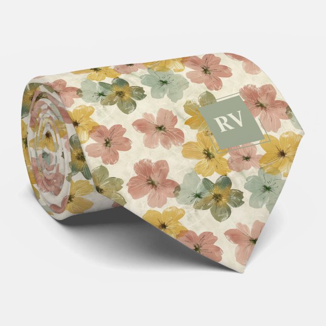 Grönt och Rosa Blommigt Monogrammed Necktie Slips (Rullad)
