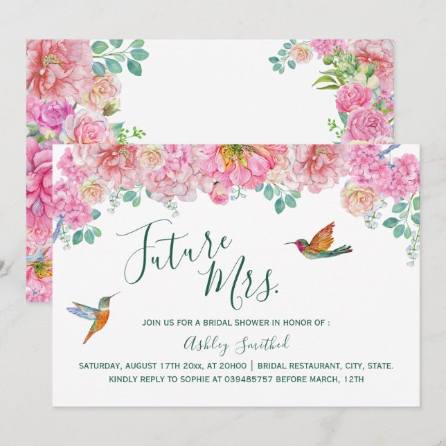 Grönt och Rosa Blommigt Vattenfärg Fru möhippa Inbjudningar (Fram/baksida)