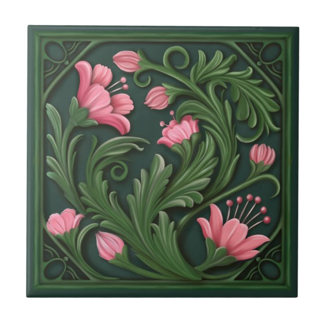 Grönt och Rosa-blommor i originalverk Kakelplatta (Framsidan)