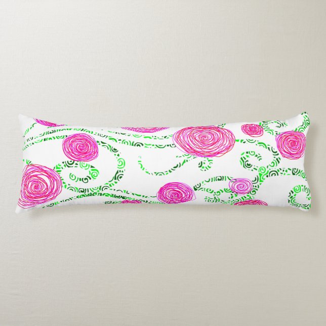 Grönt och Rosa Blommor Kroppskudde (Framsidan)