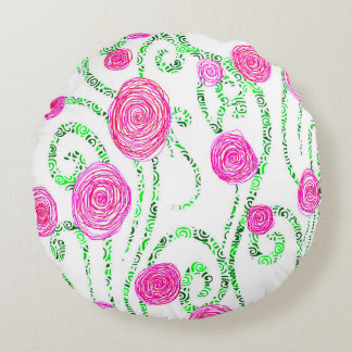 Grönt och Rosa Blommor Rund Kudde