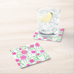 Grönt och Rosa Blommor Underlägg Papper Kvadrat