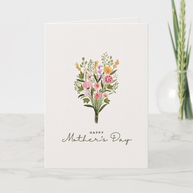 Grönt och rosa blomsterakvarell mors dag kort (Framsida)