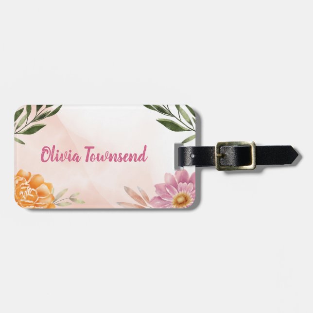 Grönt och rosa blomstervattenfärg bagagebricka (Horisontell Framsida)