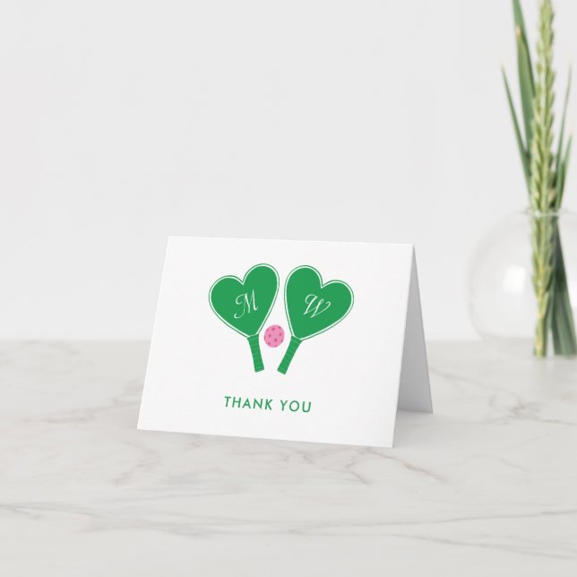 Grönt och Rosa Bröllop Pickleball Tack Kort (Framsida)