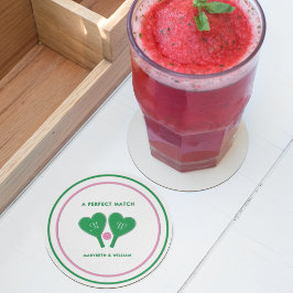 Grönt och Rosa Bröllop Pickleball Underlägg Papper Rund