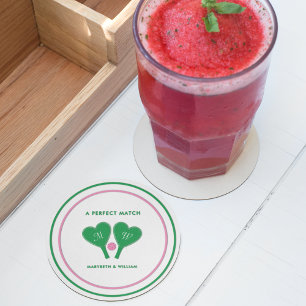 Grönt och Rosa Bröllop Pickleball Underlägg Papper Rund