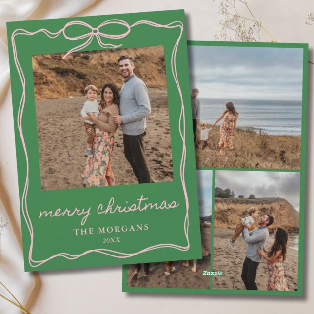 Grönt och Rosa Coquette Bow jul 4 Fotofamilj Julkort (Green & Pink Coquette Bow Christmas 4 Photo Family Holiday Card
)