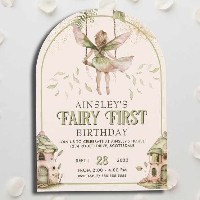Grönt och Rosa Fairy First Arch 1:a födelsedag Inbjudningar (Skapare uppladdad)