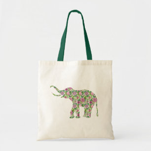 Grönt och Rosa Flowers Elephant Illustration Tygkasse