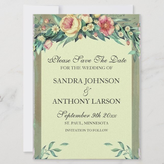 Grönt och Rosa för Blommigt av vattenfärg Spara da Datumet (Framsida)