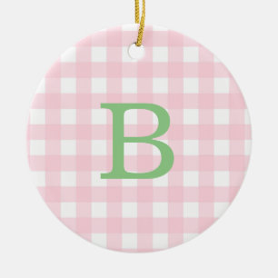 Grönt och Rosa Gingham Monogram Julgransprydnad Keramik