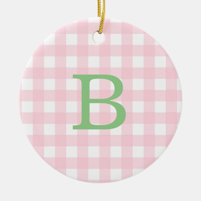 Grönt och Rosa Gingham Monogram Julgransprydnad Keramik (Framsidan)