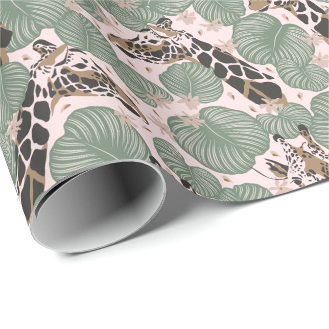 Grönt och Rosa Giraffe Safari Wrapping Papper Roll Presentpapper (Rullad Hörn)