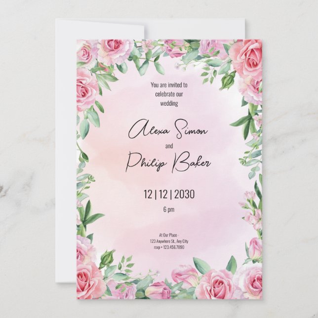Grönt och Rosa, Grönt Blommig Vattenfärg Bröllop Inbjudningar (Framsida)
