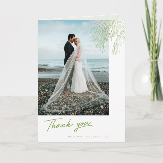 Grönt och Rosa Handflatan Löv Tropical Beach Weddi Tack Kort (Framsida)