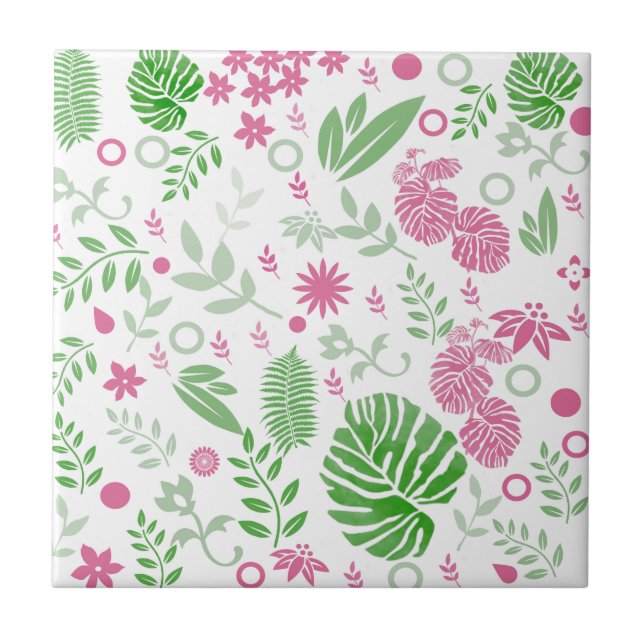 Grönt och rosa löv och blommor kakelplatta (Framsidan)