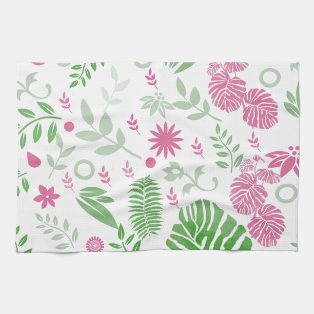 Grönt och rosa löv och blommor kökshandduk (Horisontell)