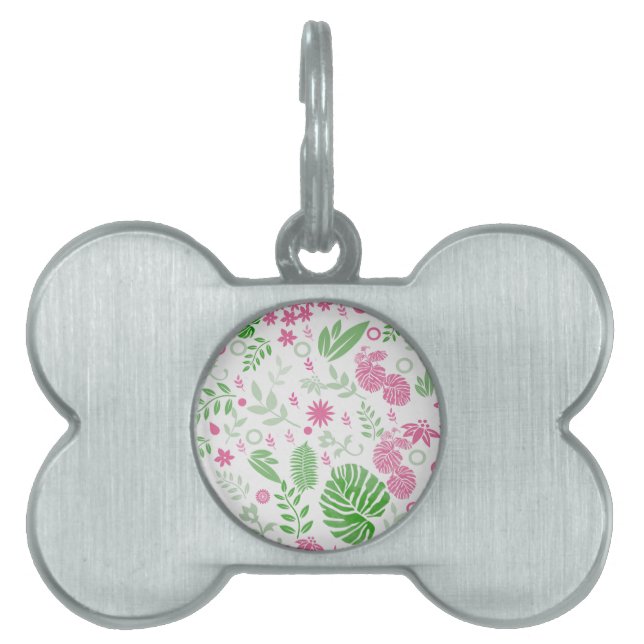 Grönt och rosa löv och blommor namnbricka husdjur (Framsidan)