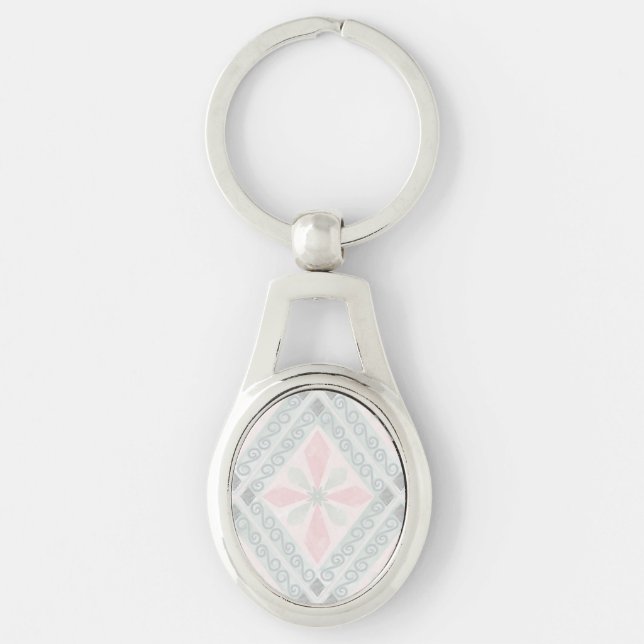 Grönt och rosa pastelldiamantmönster ovalt silverfärgad nyckelring (Framsidan)