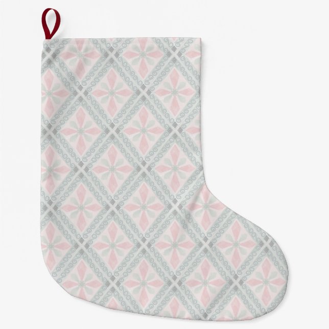 Grönt och rosa pastelldiamantmönster stor julstrumpa (Framsidan)