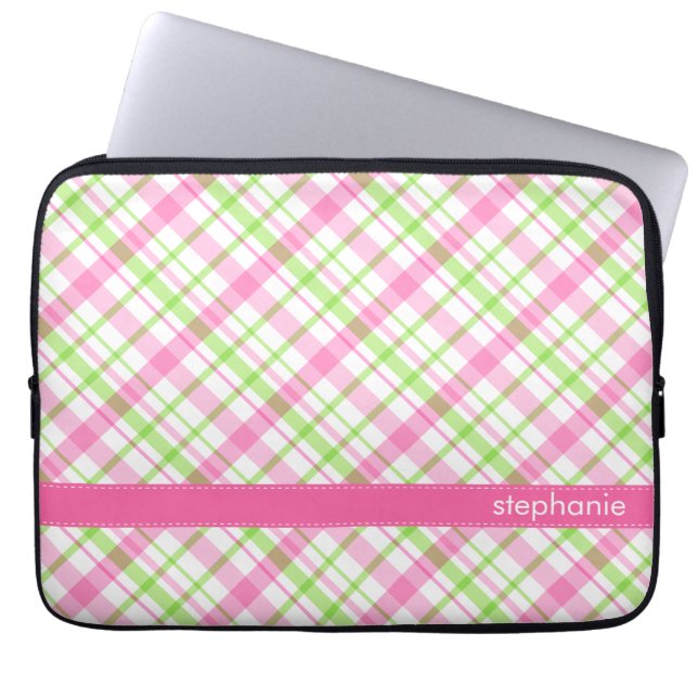 Grönt och rosa plädmönster laptop fodral (Framsidan)