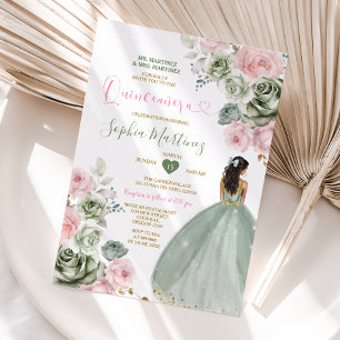 Grönt och Rosa Princess Blommigt Guld Quiñceanera Inbjudningar