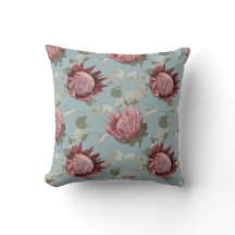 Grönt och Rosa Protea på fransk blue Pillow