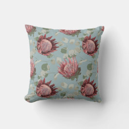Grönt och Rosa Protea på fransk blue Pillow Kudde
