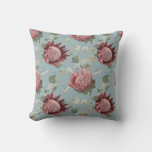 Grönt och Rosa Protea på fransk blue Pillow Kudde