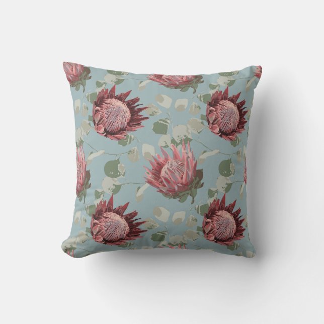 Grönt och Rosa Protea på fransk blue Pillow Kudde (Framsida)